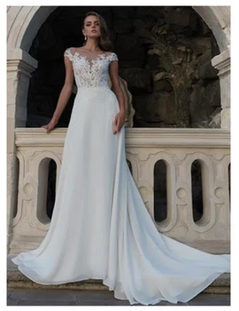 

New Chiffon Boho Wedding Dress Elegant Sleeveless Lace Appliqued Beach Wedding Gown Open Back Bride Dresses
