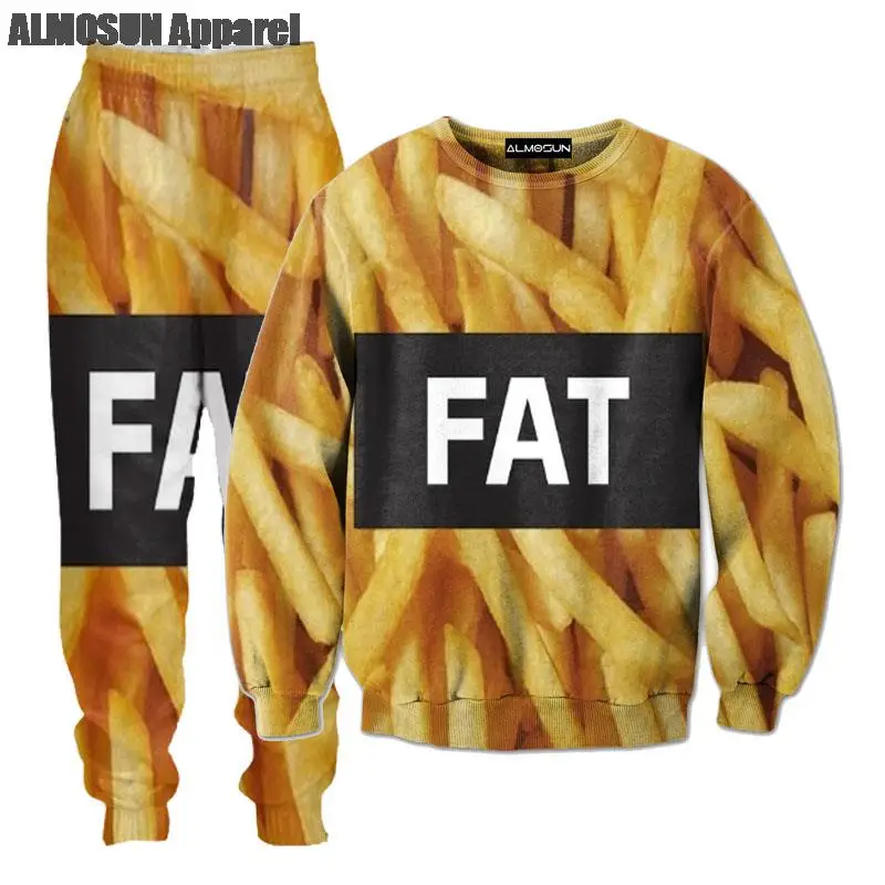 

ALMOSUN French Fry FAT 3D All Over Print Tracksuits Sweatshirts Hip Hop Hipster Food Drawstring Pants Streetwear Men Women