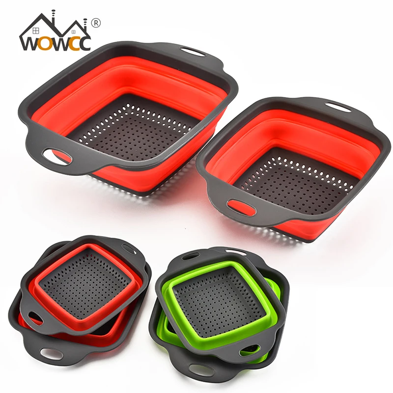 

WOWCC Foldable Fruit Vegetable Washing Basket Strainer Portable Silicone Colander Collapsible Drainer With Handle Kitchen Tools