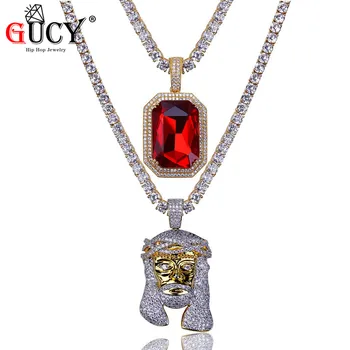 

GUCY Hip Hop Pendant Necklace Gold Color Iced Out Micro Pave CZ Stone Red Stone&Pharaoh Pendants Necklaces With 4mm Tennis Chain