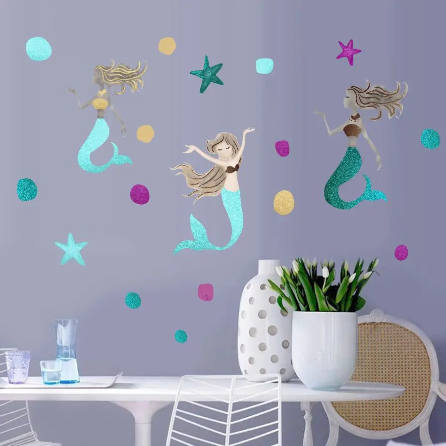 Three Colorful Mermaid Stickers On The Wall Dots And Stars Decals Decoration For House Nursery Kids Room Modern Art Waterpaper (6)