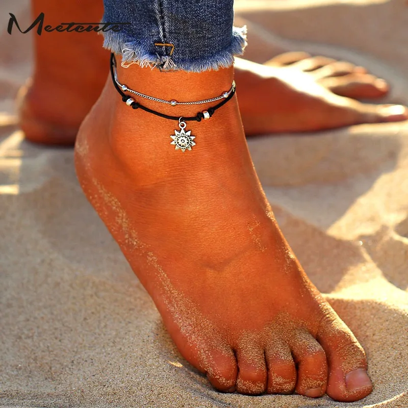 

Meetcute Vintage Multiple Layers Anklets For Women Elephant Sun Pendant Rope Chain Beach Summer Foot Ankle Bracelet Jewelry