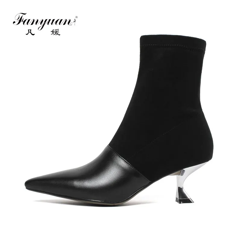 

Fanyuan Pointed Toe Cow Leather Women Shoes Zipper Strange style High Heel Ankle Boots Women Motorcycle Boot Size 33-43