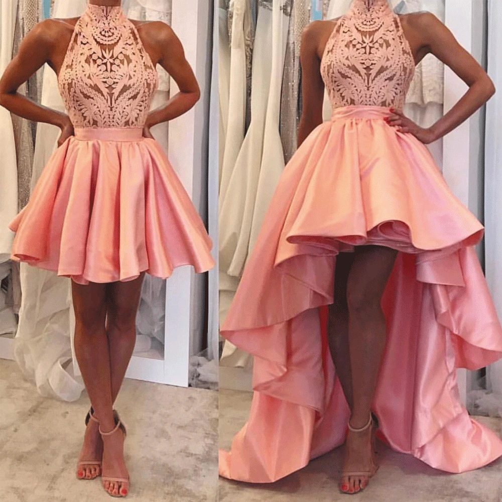 

SuperKimJo High Neck Prom Dresses Long Lace Detachable Skirt Satin Pink Prom Gown High Low Evening Dress Robe De Soiree