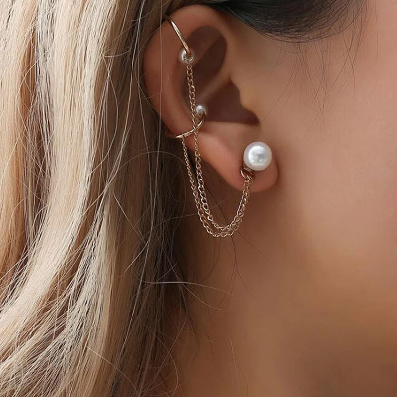 

2019 New Fashion Tassel Chain Imitation Pearl Earrings For Women Punk Style Ear Cuff Clip Earrings Female Jewelry
