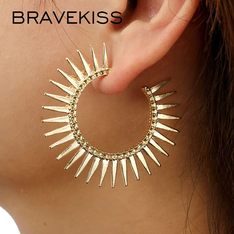 BRAVEKISS панковские богемные серьги-кольца с заклепками для женщин, винтажные золотые серьги в виде больших кругов, модное ювелирное изделие BPE1430