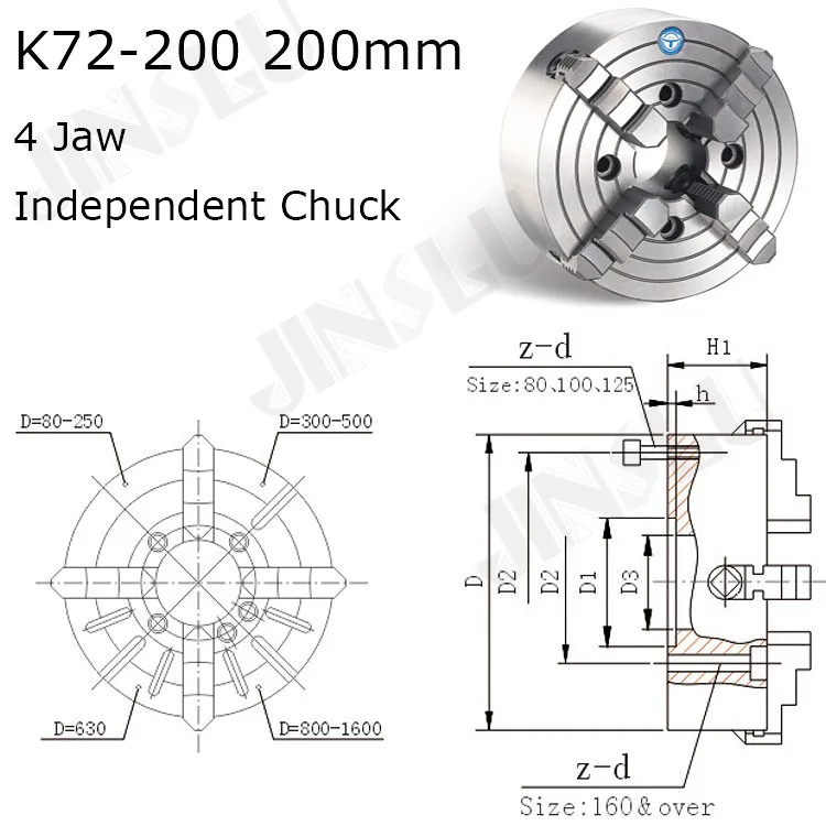 

K72-200 4 Jaw Lathe Chuck Four Jaw Independent Chuck 200mm Manual for Welding Positioner Turn Table 1PK Accessories for Lathe