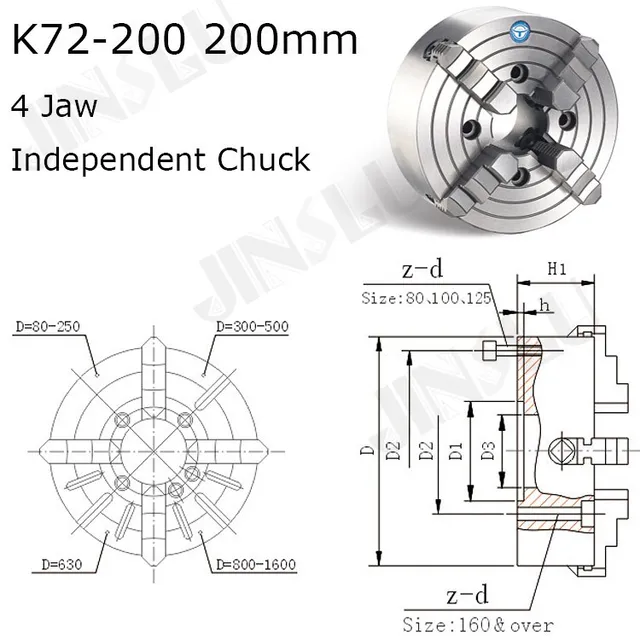 K72 200 4 Jaw Lathe Chuck Four Jaw Independent Chuck 200mm Manual for