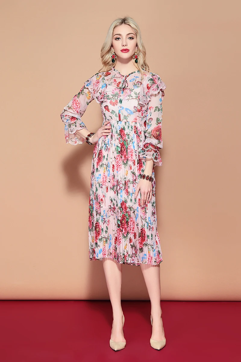 LD LINDA делла модное подиумное летнее платье женское с длинным рукавом винтажное с цветочным принтом Плиссированное с драпированными оборками шифоновое платье