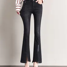 Расклешенные брюки для женщин; большие размеры повседневные джинсы из джинсовой ткани для похудения Черный Новая мода весна осень высокая талия плюс размер эластичный tyn0905