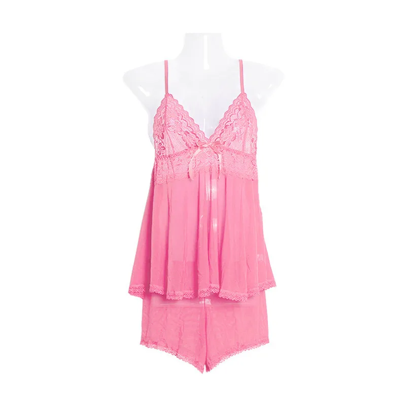 Five Colors Summer Women Sexy Sling Lingerie Lace Deep V Solid Color Transparent Underwear Full Slips Two Sets