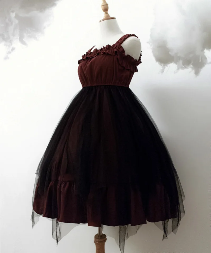 Короткие Длинные готические платья Лолиты JSK с высокой талией темно-красное черное платье маскарадные костюмы - Цвет: Dark Red Short