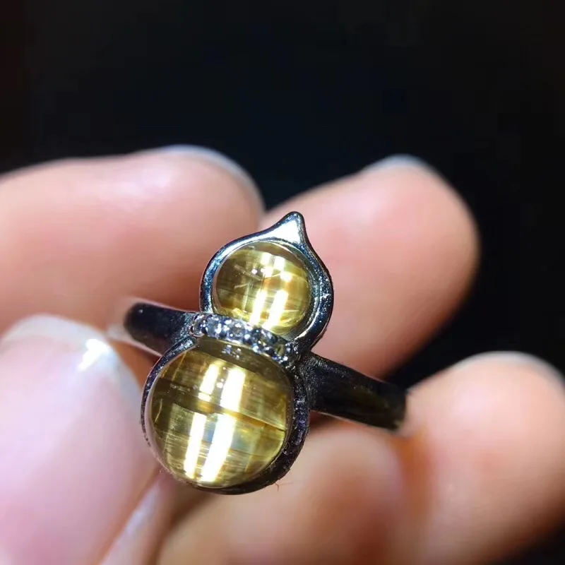 

5-6.8mm Natural Gold Rutilated Quartz Ring For Woman Man 925 Silver Sterling Metal Crystal Adjustable Size Rings AAAAA