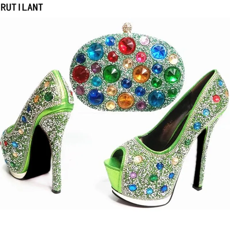 Noir Dames Strass Ensemble or Parti De Clair Chaussures bleu Africain Sac Décoré Mariage vert jaune Avec Italiennes pourpre Italien Femmes rose Et wxzq68xCB