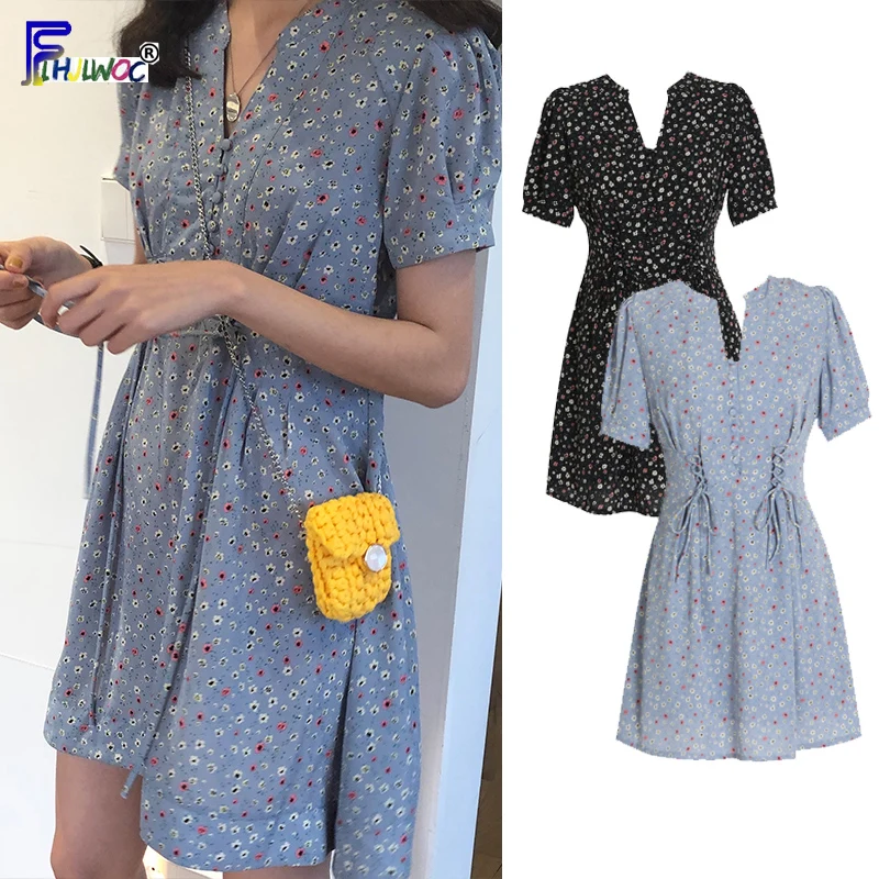 

Cute Mini Dresses Woman Fashion Summer Holiday Date Preppy Girls Design Vintage Bow Tie Button Shirt Dress Black Blue 6402