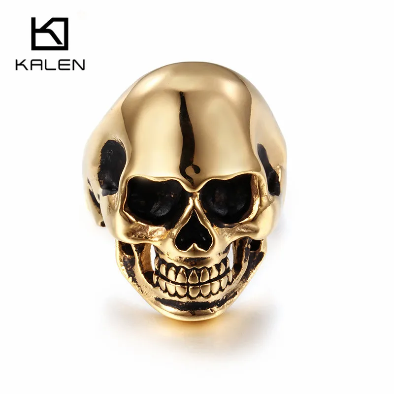

Kalen Punk African Gold Stainless Steel Skull Rings For Men Size 8-13 Skull Head Finger Rings Rock Party Pub Wholesale Jewelry