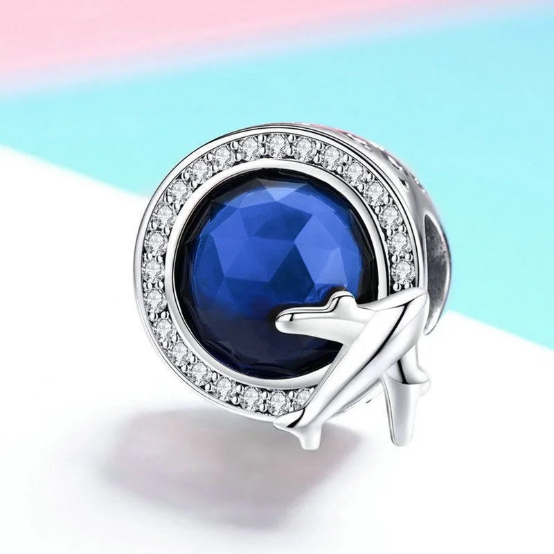 

New Solid 925 Sterling Silver Global Airplane Travel Blue Crystal CZ Round Charm Beads DIY Jewelry Fit Pandora European Bracelet