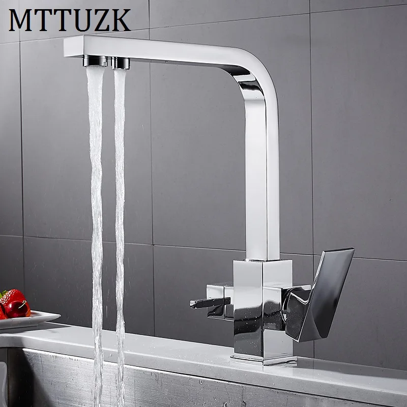 Us 64 79 19 Off Mttuzk Square Chrome Brass Kitchen Faucet Mixer Sink Tap Cold And Hot Kitchen Modern Drinking Water 3 Way Filtered Faucet Mixer In
