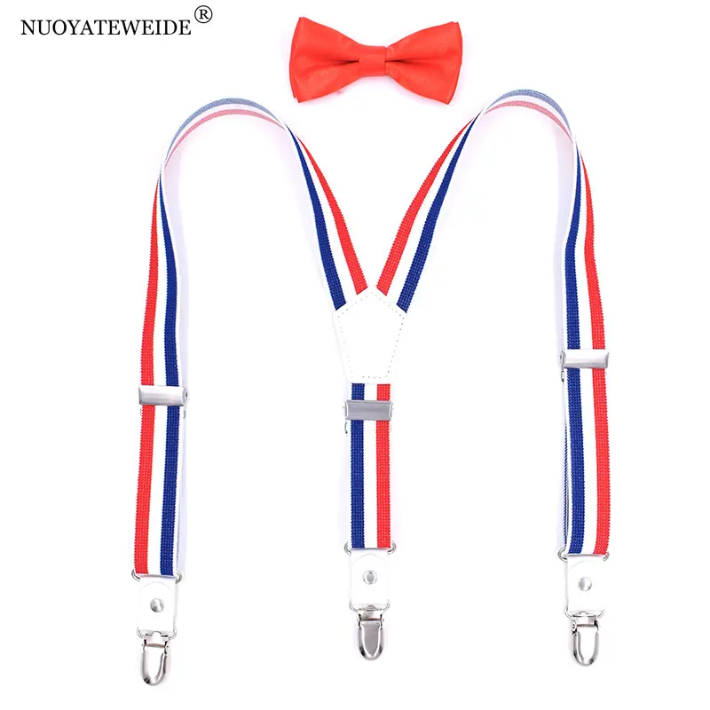 Мальчик унисекс подтяжки галстуки полиэстер с полосками Bowtie Suspender комплект лямках Детские подтяжки Радуга подтяжки