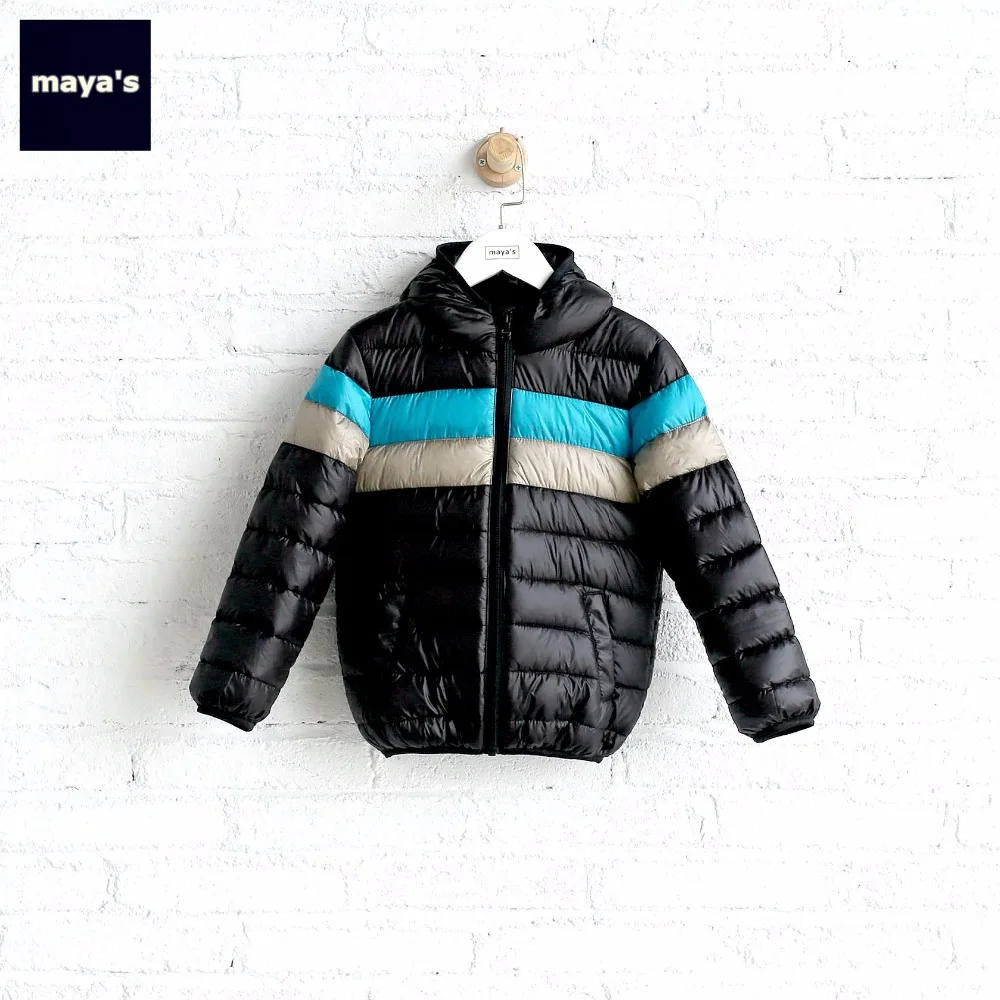 

Mayas Kids Color Blocking Striped Down Jacket Children Hooded Winter Jacket 90% Duck Down New Basic Outerwear Toddler Coat 75150
