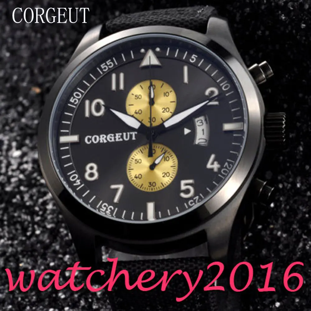 Mais novo Hot Moda de Luxo do Esporte Corgeut 46mm Caso PVD mostrador preto data janela Redonda Mechancial Mens Relógios de Pulso de quartzo
