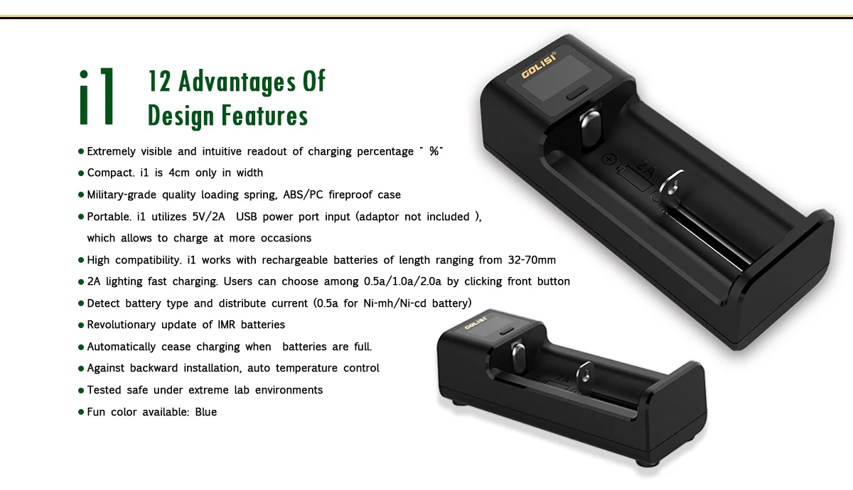 Golisi I1 LCD Display USB Port Lite Battery Charger for Li-ion/Ni-mh/Ni-cd Battery Single Slot