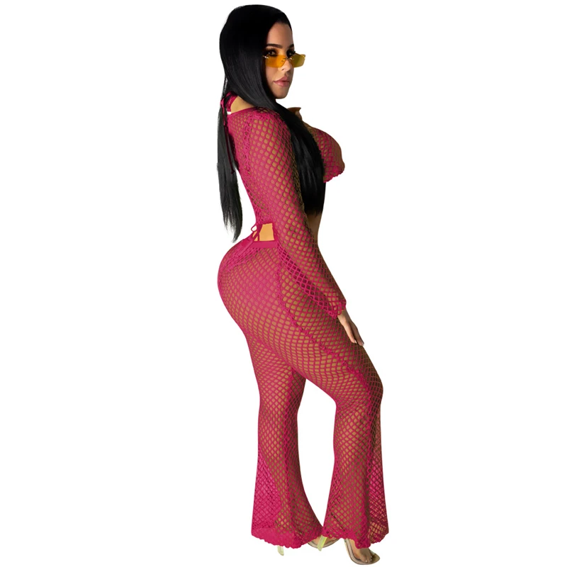 Adogirl, комплект из двух предметов в сеточку, женский летний пляжный костюм, короткий топ с длинным рукавом+ прямые штаны, сексуальная клубная одежда, спортивный костюм