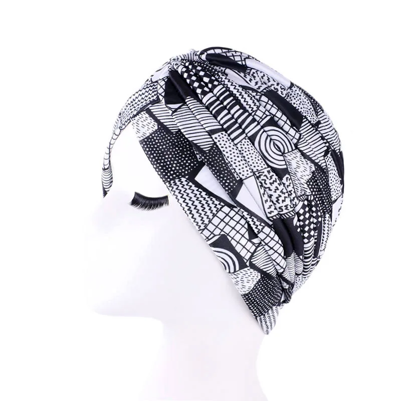 Новая женская печать цветочный узел Рак рябь химиотерапия шляпа бини шарф Тюрбан головной убор вязаная шапка аксессуары для выпадения волос - Цвет: Black and white