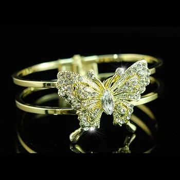 

Butterfly Clear Crystal Gold Color Metal Cuff Bangle Bracelet CB016