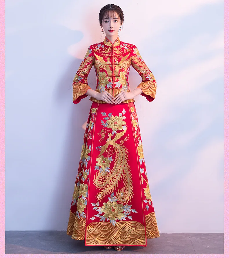 Красный невесты традиции 2018 традиционный вечернее платье в китайском стиле модные свадебные дракон феникс кимоно Винтаж Cheongsam Qipao Женская