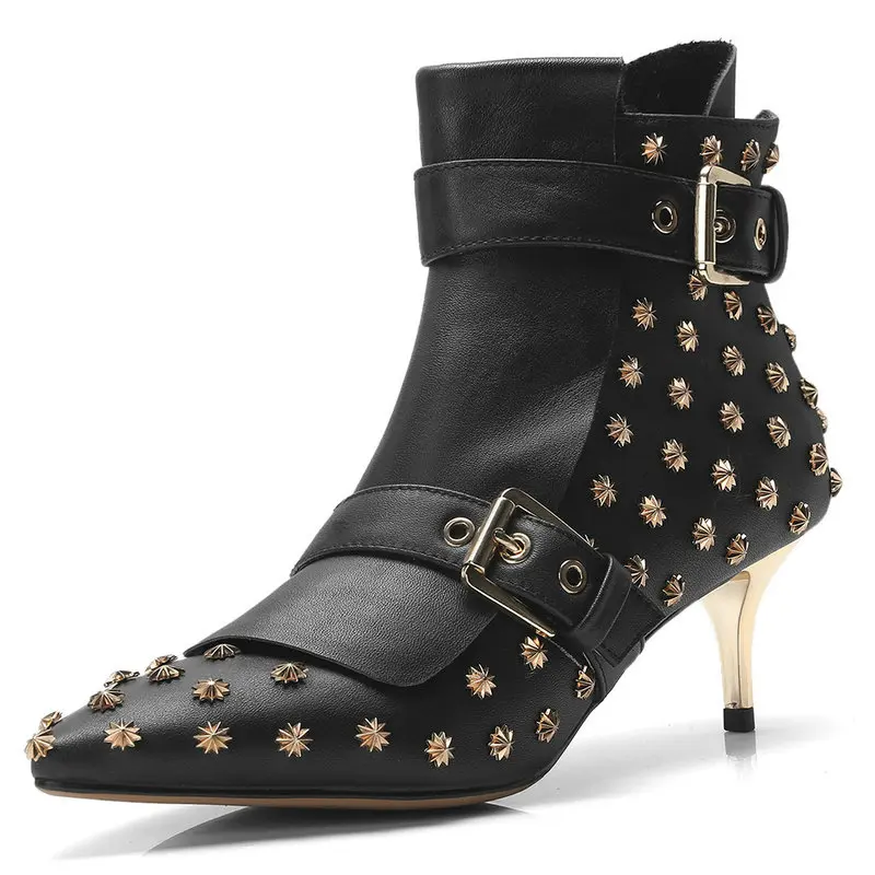 

Luxury Studded Real Leather Ankle Boots Woman Pointed Toe Buckle Strap Booties Boots Women Thin Heel Boots Ladies Fashion PUNK