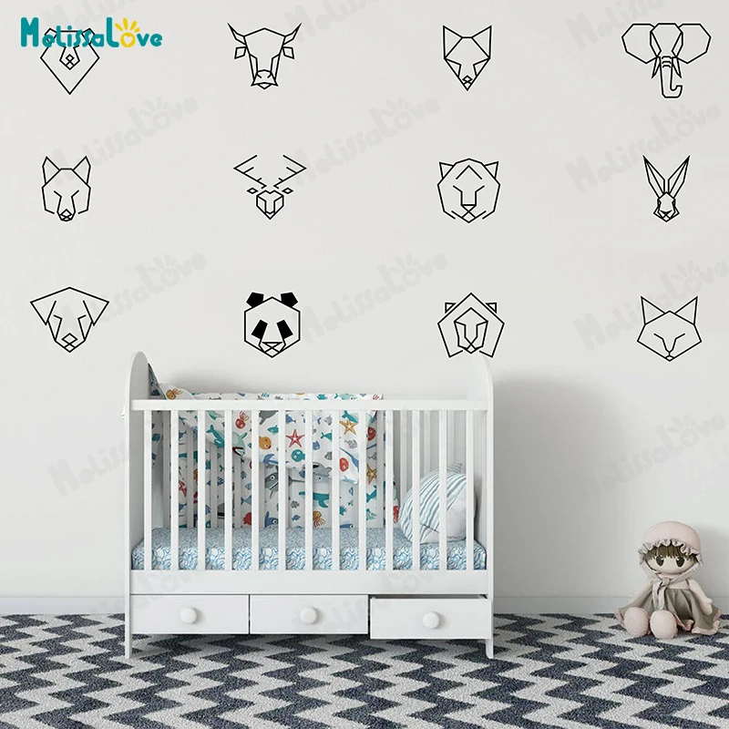 

12 шт./компл., геометрический декор, виниловые наклейки на стену для детской комнаты, наклейки с животными, обои для спальни JW594