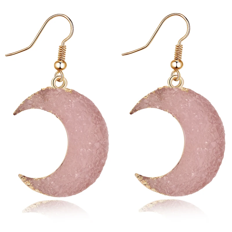 

1Pair Fashion Jewelry Pink Black Drusy Moon Dangle Earings Quartz Color Resin Stone Druzy Earrings For Women Jewelry E1319