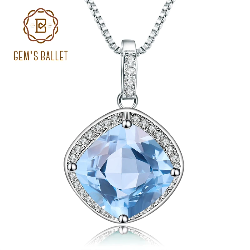 

GEM'S BALLET 100% 925 Sterling Silver Square Fine Jewelry 6.29Ct Natural Sky Blue Topaz Gemstone Pendant Necklace for Women Gift