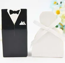 100Pcs Bridal Gift Cases Groom Tuxedo Dress Gown Ribbon Wedding Favors Candy Box Sugar Case Wedding Decoration Mariage