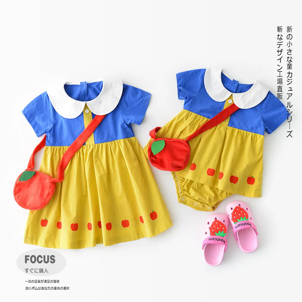 

2019 Summer Baby Girls Sisters Outfits Cosplay Newborn Baby Rompers Apple Printed Toddlers Kids Dress with Bag Infants Clothing