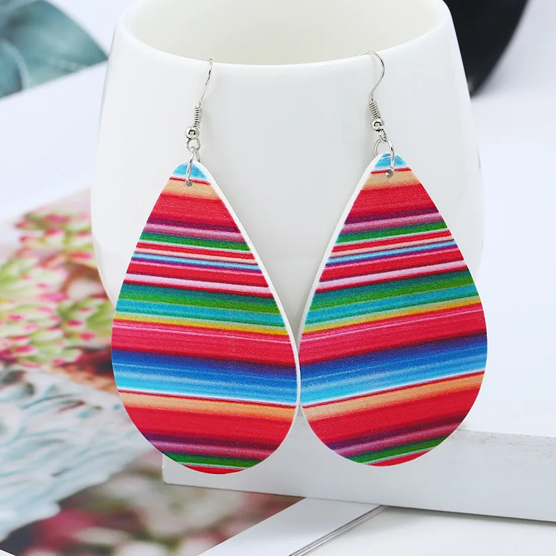 

Glitter Rainbow Striped Wooden Teardrop Earrings MultiColor Serape Print Single-sided Waterdrop Earrings Women Jewelry