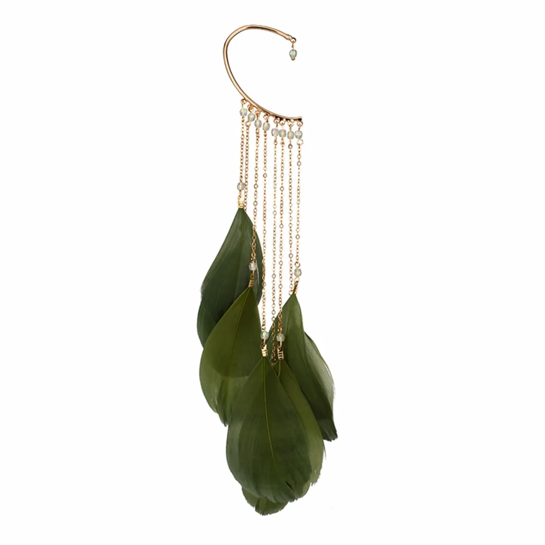 Trendy Green Leaves Feather Long Tassel Cuff Clip Earring Without Piercing Crawlers Shellhard Women Ear Cuff Fashion Jewelry 1pc