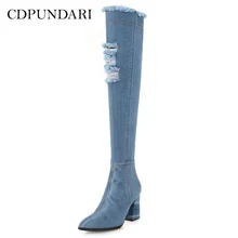 CDPUNDARI/джинсовые сапоги выше колена на высоком каблуке; женские облегающие высокие сапоги; женская зимняя обувь