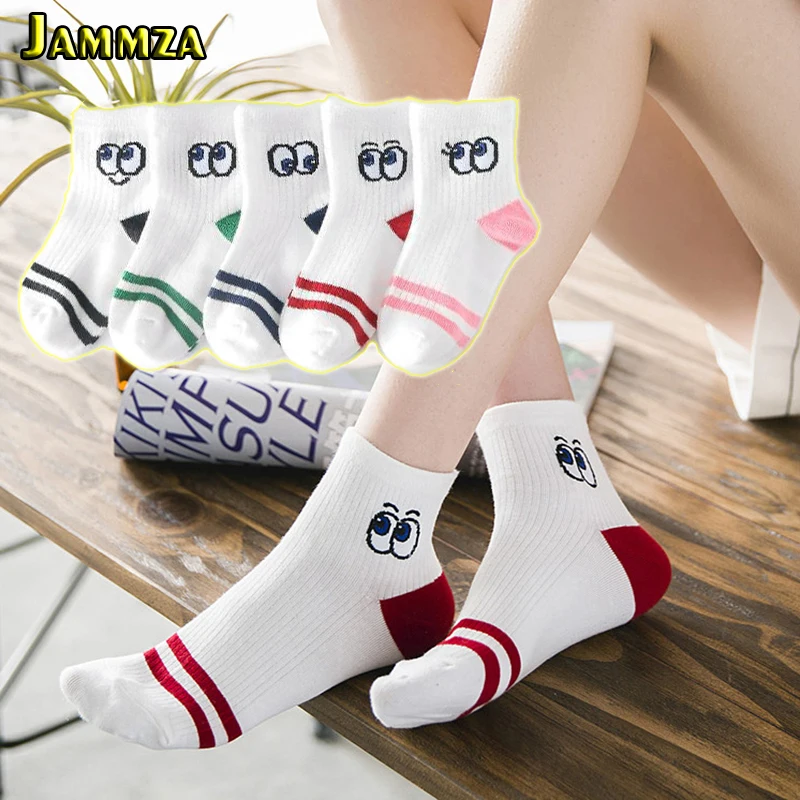 

Cotton Cartoon Eyes Cute Women's Short Socks for Summer Autumn Harajuku Kawaii Funny Socks College Style Two Bars Stripe Meias