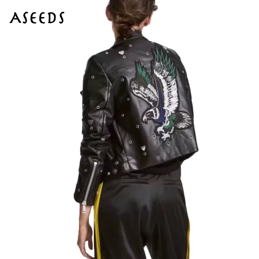 Broderie Zipper Casual Vestes 2017 Cuir Longues Et Femmes Manteaux En Veste Noir Tops Outwears Manches À Automne Manteau wawB4qY