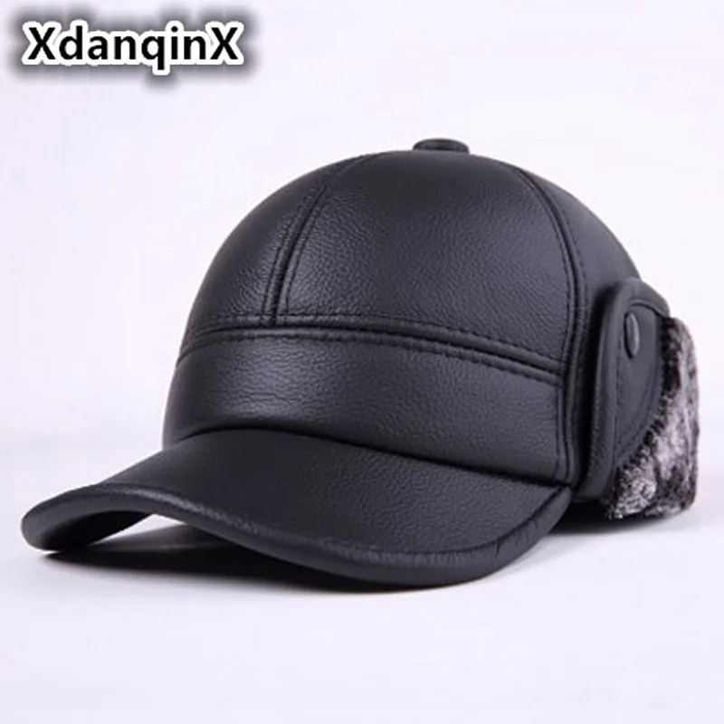 

XdanqinX New Winter Men's Genuine Leather Cowhide Hat Thicker Warm Baseball Caps Male Bone Casual Brands Earmuffs Hats For Men