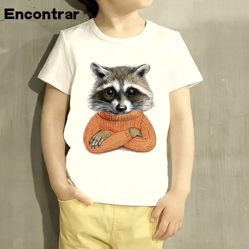 

Children Raccoon In Winter Sweater Cartoon Design T Shirt Kids Animal Clothing For Boys Baby Girls White T-Shirts,ooo2229