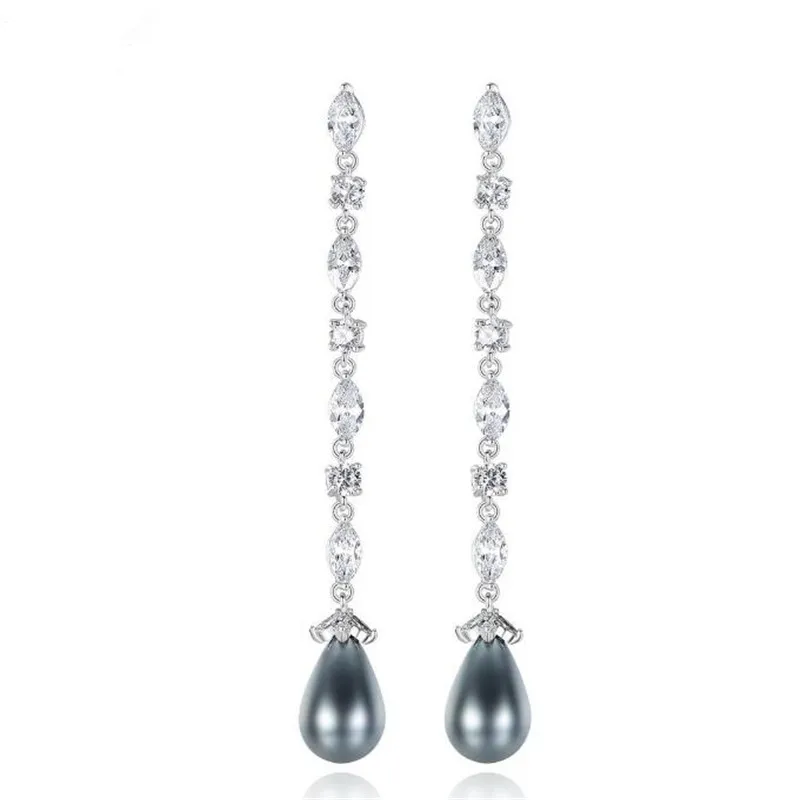 

Luxury Women Wedding Bridal Grey Pearl Earring Long Pendant Cubic Zircon Earrings For Female Party Jewelry Brincos CUS151