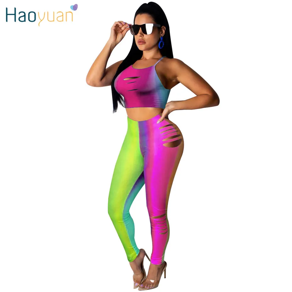 HAOYUAN التدرج النيون التعادل صبغ ثقب مثير اثنين من قطعة مطابقة مجموعات المحاصيل بلوزات وسراويل مهرجان ملابس الصيف للنساء 2 قطعة مجموعة