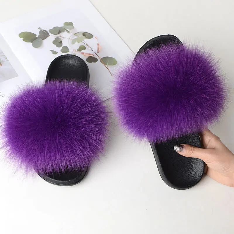 Womens Real Fur Flat Shoes Fluffy Sliders Flip Flop Slippers Sandals Holiday UK 