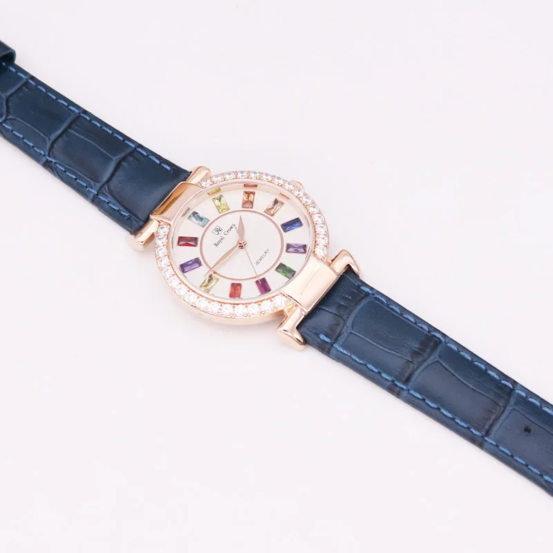 Королевская корона, большие женские часы, японские кварцевые часы с кристаллами, изысканная модная одежда, браслет, кожа, роскошные стразы, подарочная коробка - Цвет: Rose Gold Blue
