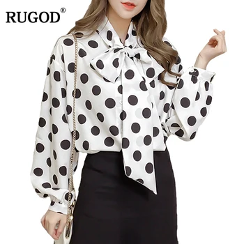 

Rugod Hot Sale Dotted Knitted Loose Bow Blouse For Women Long Sleeve Elegant Shirt Female 2019 Srping Stylish Women Tops