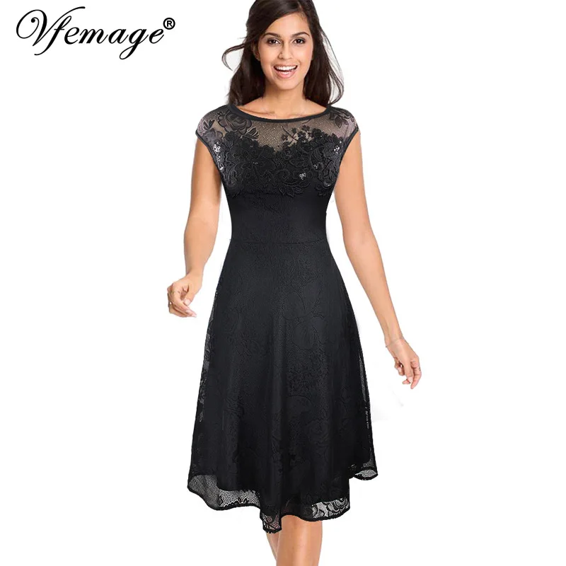 Vfemage Womens Elegant Embroidary Lace See Through Tunic Casual Party