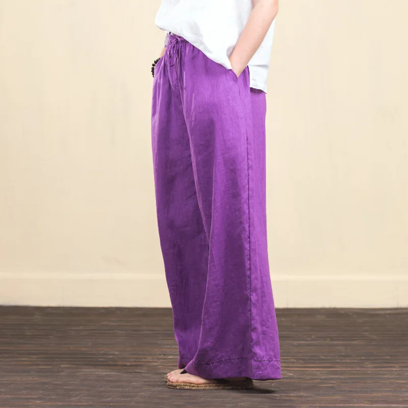 LZJN Women Culottes Wide Leg Pants 2019 Summer Long Trousers Elastic Waist Pockets Solid 5 Colors 100% Linen Pants Loose Bottoms (41)